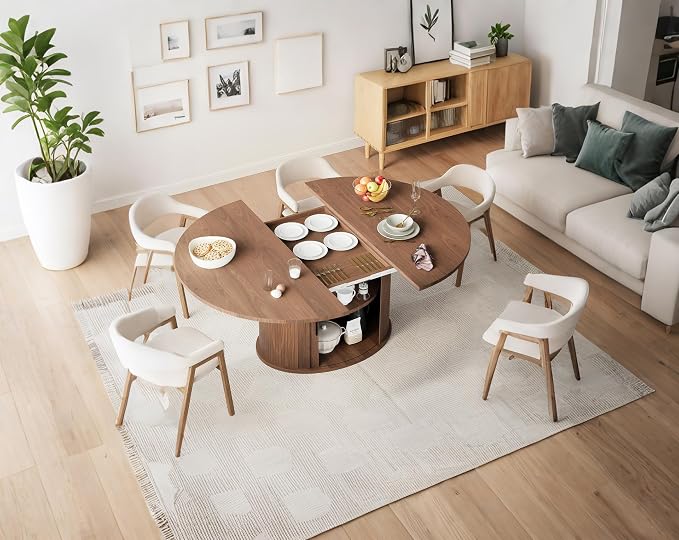 Extendable Round Dining Table for 2-4-6, 63 Inch Dining Room Kitchen Table with 2-Tier Storage Shelf, Modern Farmhouse Fluted Wood Slide Door Dinner Furniture,Oval Circle(Walnut-63 Inch)