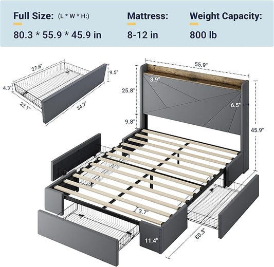 Allewie Full Size Velvet Bed Frame with 3 Storage Drawers, Upholstered Platform Bed with Wingback Storage Headboard and USB Ports, No Box Spring Needed, Easy Assembly, Grey