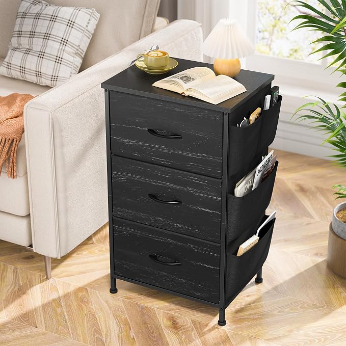 Night Stand Set 2, Night Stand with Drawers for Bedroom, Bedside Table with Wooden Top, Sturdy Steel Frame End Table, Dorm Nightstand for Bedroom, Entryway, Hallway, Closet, Cloth Bags, Hooks, Black