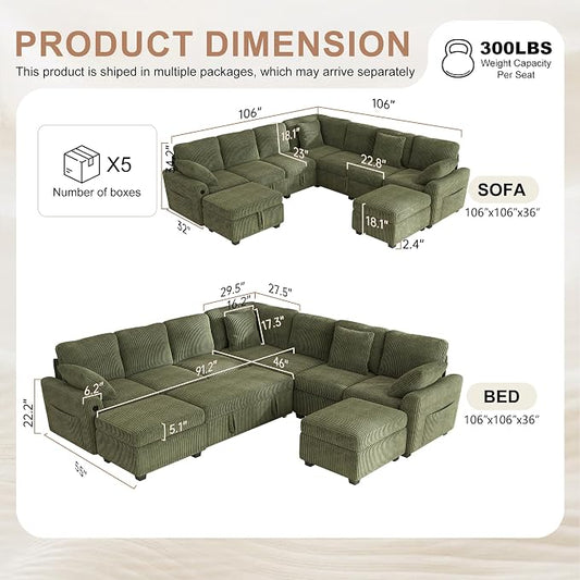 Hanherry 106" Sectional Sofa with Pull Out Couch Bed,7 Seat Corduroy Sleeper Sofa with 2 Seat Storage & USB Charging,Storage Ottoman,Comfy Modular Couches for Living Room,Apartment
