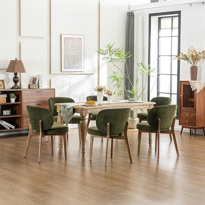 YOUNIKE Dining Chairs Set of 8 Modern Kitchen Dining Room Chairs Green | Chenille Fabric Upholstered Armless Side Accent Chair with Back Wide Padded Seat Wooden Leg for Kitchen Dining Living Room