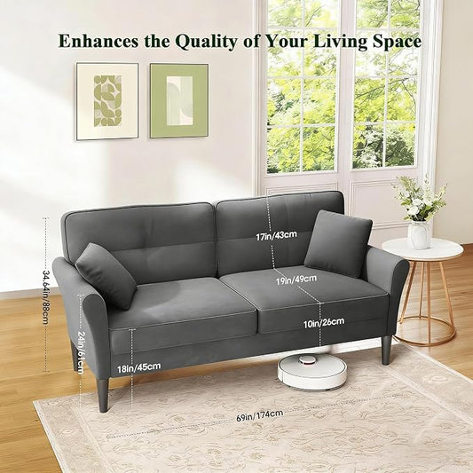Loveseat Sofa, 69" Love Seat Couches, Comfy Velvet Small Couches for Small Spaces with 2 Pillows, Tool-Free Setup Sofas & Couches, 700lb Load Sofas for Living Room, Mini Couch for Bedroom, Grey Couch