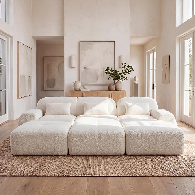 118'' Modular Sectional Cloud Couch Boneless Couches, Oversize Curved Sectional Couches for Living Room, Deep Seat Couch Lambswool Sofa with Ottoman & Throw Pillows, No Assembly, HR Foam