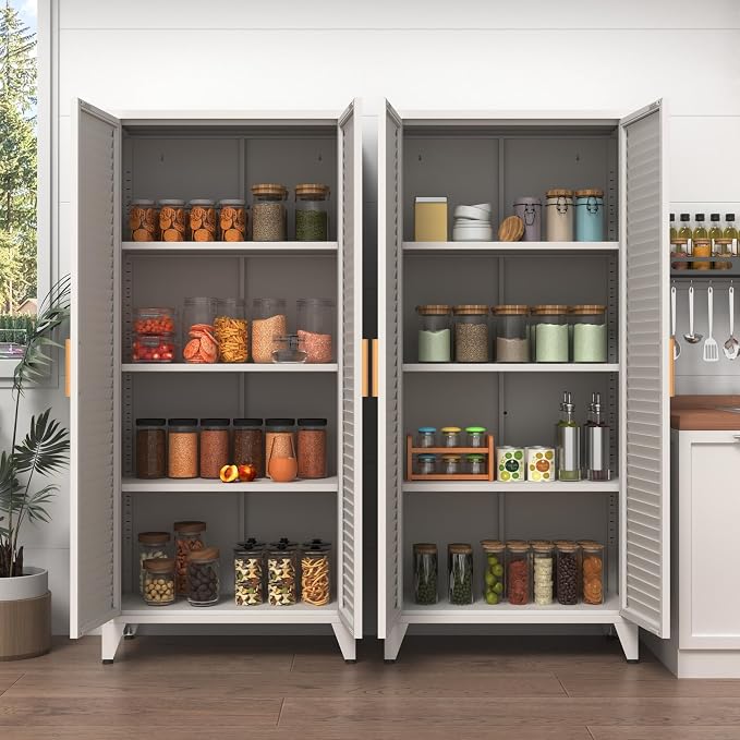White Metal Storage Cabinet with Doors and 3 Adjustable Shelves 61"Tall Multifunctional Steel Heavy-duty Storage Locker for Kitchen Living Room Bedroom Home Office School 61"H X 27.6"W X 13.8"D