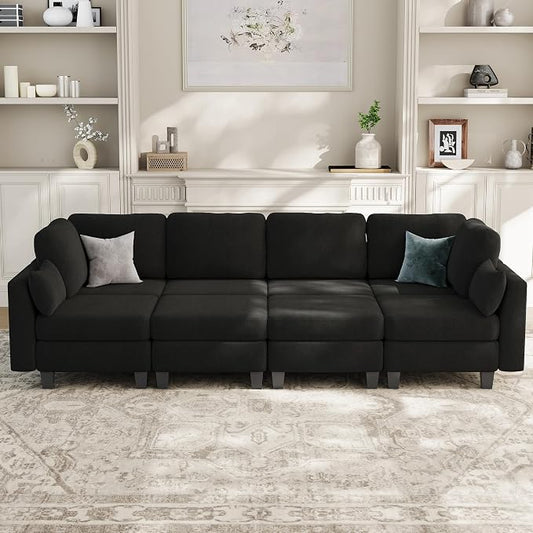 Sectional Sleeper Sofa, 8 Seaters Modular Sleeper Sofa Couch, Comfy Sectionals Couches Bed, Convertible Sofas with Ottomans, Modular Sectional Couches for Living Room, Black