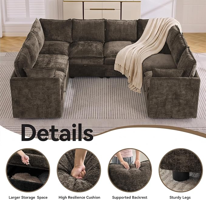 105" Brown Oversized Modular Storage Sofa, U Shaped Chenille Cloud Couch | Oversized Convertible Sectional Sofa, 8-Seat Sectional Couch With Armrests, Large Cloud Couch For Living Room, Apartment.