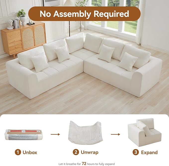 110'' Boneless Modular Couches for Living Room, Compressed Cloud Sectional Modern Sofa, L Shaped 5 Seater Upholstered Memory Foam Oversized Sofa, No Assembly, Chenille Beige