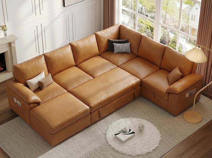 108 Inch Faux Leather Modular Sectional Sofa with Pull Out Bed,U Shaped 7 Seat Sectional Sleeper Sofa with Storage,Sectional Couches for Living Room,Cloud Modular Couch,Brown Leather