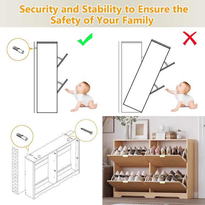 BORNOON Large Shoe Cabinet for Entryway, Shoe Rack Cabinet with 4 Flip Drawer and Adjustable Shelves for Small Apartment, Foyer