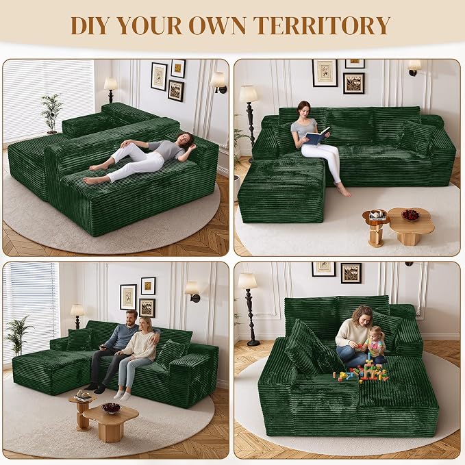 108" L Shaped Boneless Sectional Couches for Living Room, Comfy Corduroy Floor Cloud Sofa with Chaise, Wide Armrest, Deep Seat, Memory Foam, Assembly Free, Ideal for Small Spaces, Green