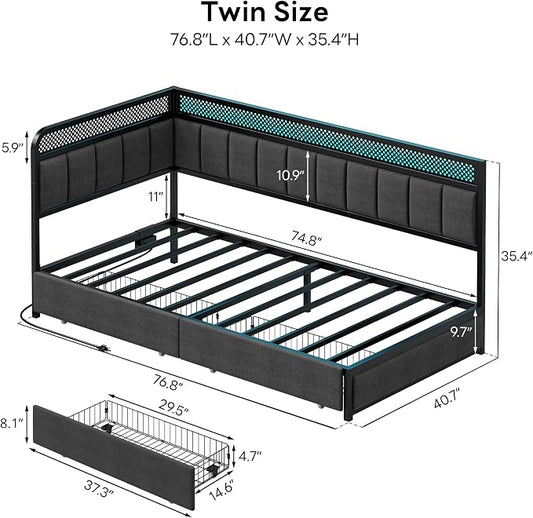LIKIMIO Twin Corner Bed Frame, Modern Daybed with Upholstered Guardrail | Under-Bed Storage Drawers, Built-in Charging Station, Adjustable Smart LED Lights, Gray