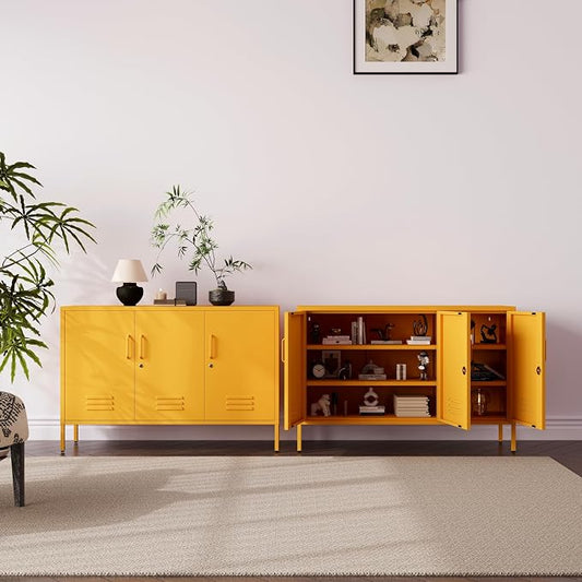 32" Wide 3-Door Lockable Metal Storage Cabinet with Accent Cabinet Locker, Heavy Duty Home Tool Cabinet, 2 Removable Shelves & Easy Assembly, for Home, Office, Entryway and Hallway Yellow