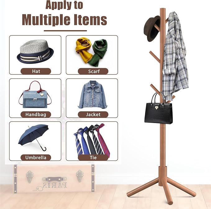 Haddockway Wooden Coat Rack Stand with 8 Hooks New Zealand Pine 3 Adjustable Coat Standing Tree Easy Assembly for Coats, Hats, Scarves and Handbags for Entryway, Hallway, Bedroom, Office,2 PCS