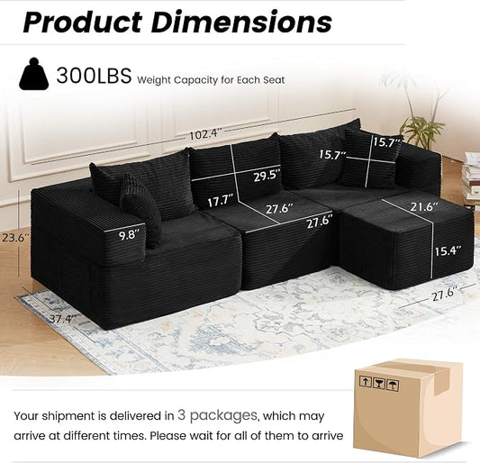 HOMREST 102" Cloud Couch Sectional, L Shaped Modern Sofa with Ottoman, Comfy Corduroy Fabric Modular Sectional Sofa in a Box, Boneless Couches for Living Room, No Assembly Required (Black)