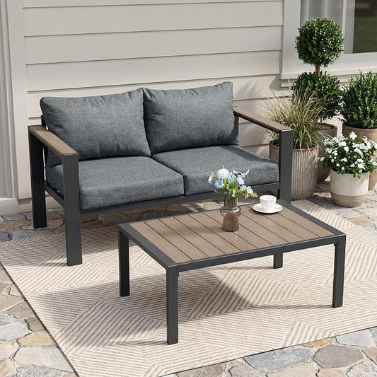 Patio Furniture Set Loveseat and Coffee Table All-Weather Patio Sofa with Washable Thick Cushions, Deluxe Aluminum Modern Outside Sectional for Porch, Balcony, Deck, Yard, Light Gray