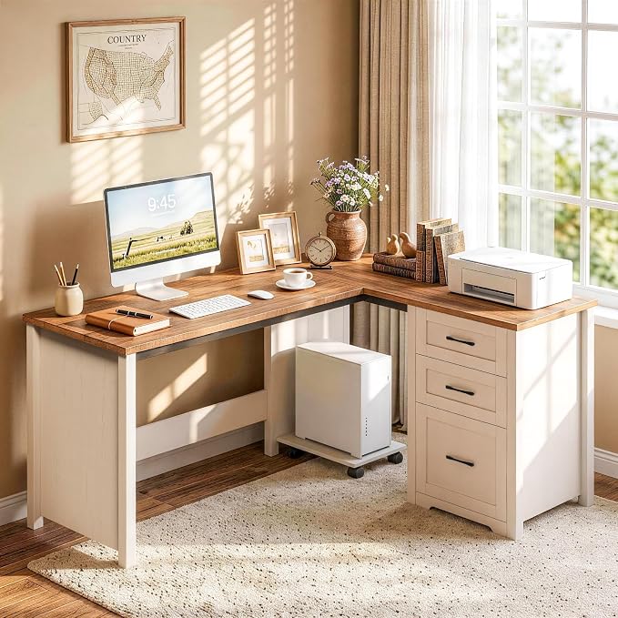 Vabches 61”Farmhouse L Shaped Executive Desk with File Drawers, Corner Computer Desk with Mobile CPU Stand, Wood Writing Computer Desk for Work, Study.Unique White