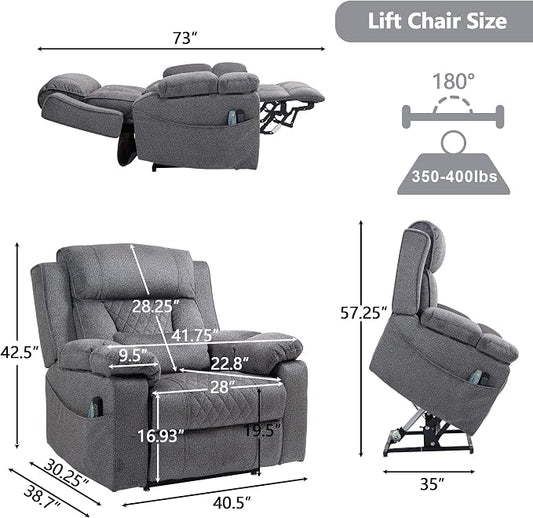 FUNECORP Big Man Power Lay Flat Lift Chair Oversized Recliner Dual Motor Heat Vibration for Elderly, Overstuffed Electric 28" Extra Wide Recliners with Flip Arm Storage Cup Holders,USB Type C Charging
