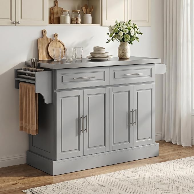 HOMCOM Rolling Kitchen Island Cart with 47" Stainless Steel Top, Portable Island Table for Kitchen with Wheels, Adjustable Shelves, 2 Drawers, Spice, Knife and Towel Rack, Gray