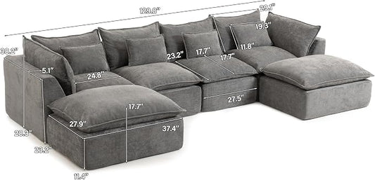 Boneless Couch Sectional Sofas Cloud Couches for Living Room | 130'' Modern Modular Cloud Sofa with Pillows and Ottoman for Bedroom