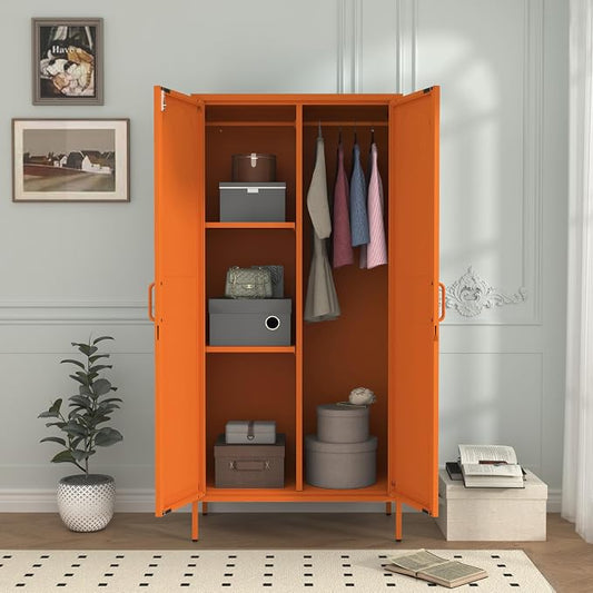 Lockable Closet Metal Wardrobe 67" Orange 2 Door Wardrobe Bedroom Storage Cabinet Adjustable shelf Multi functional metal Storage Cabinet with hanging rail for domestic use 18.1" D x 31.5" W x 67" H