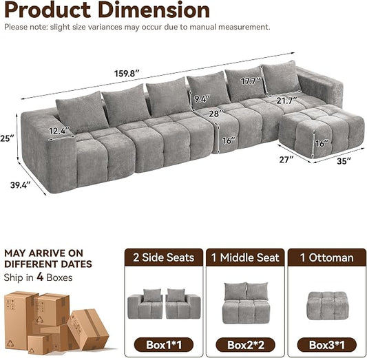 160" Boneless Couch, Oversized Cloud L Shaped Couch, Modular Sectional Sofa with Deep Seat, Modern 6 Seater Sectional Couches for Living Room Bedroom, Tufted Sofa, No Assembly Required, Light Grey