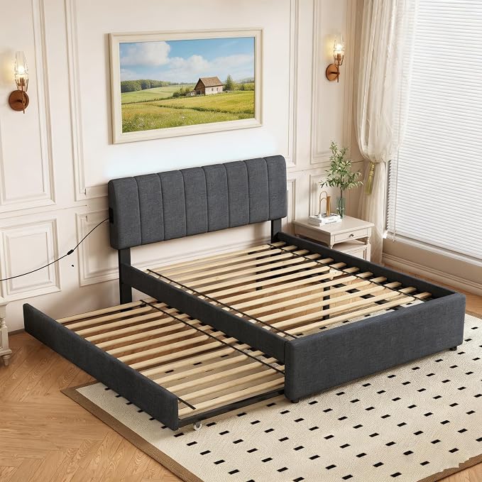 Full Size Upholstered Platform Bed with Pull-Out Trundle Bed | Twin Size Trundle, LED Lighting Controlled by APP, USB+Type-C Charging Ports, Linen Upholstered Bed Frame,Dark Grey