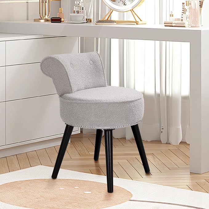 Vanity Chair with Back, Sherpa Stool with Tufted Backrest & Silver Nailhead Trim, Round Vanity Seat for Bedroom and Bathroom Makeup, Support 220lbs, Easy Assembly (Teddy Gray)