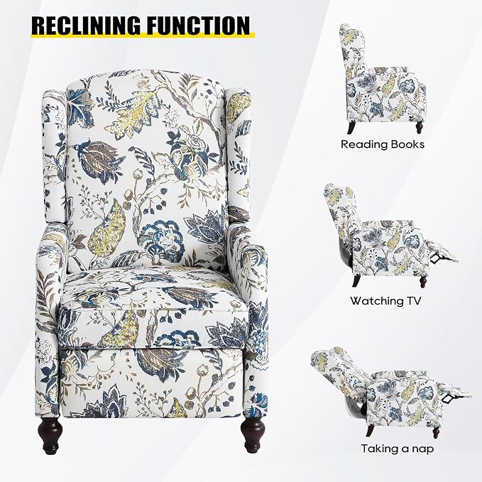 Upholstered Wingback Recliner Chair - Traditional Push Back Recliner Chair with Padded Seat, Fabric Floral Recliner Chair, Wingback Chair Small Recliners for Small Spaces