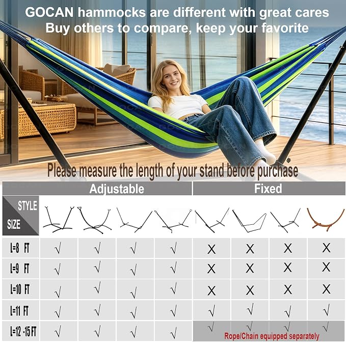 GOCAN Brazilian Double Hammock 2 Person Extra Large 220x160cm Total Length 330cm Load 500lb Canvas Cotton Hammock for Patio Porch Garden Backyard Lounging Outdoor and Indoor(Blue/Green) XXL