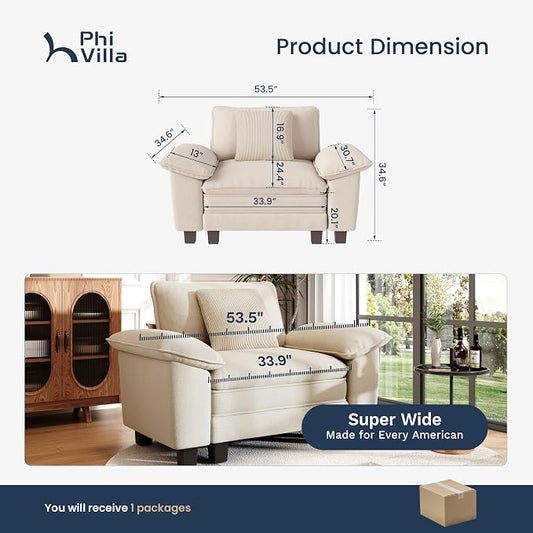 PHI VILLA Oversized Single Sofa Chair with Deep Seat, Cloud Upholstered Reading Armchair, 1 Seater Comfy Sofa Chair for Bedroom Nook, Chenille, Beige