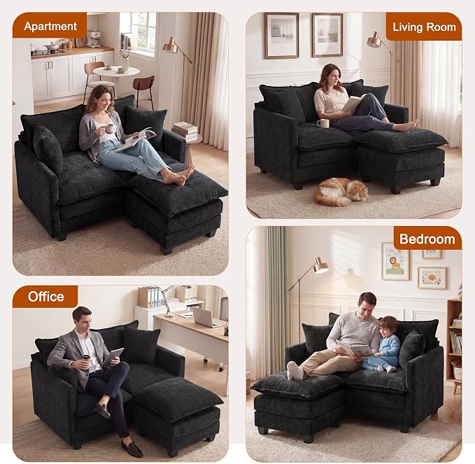 50'' L-Shape Loveseat Sofa with 22" Ottoman, 2 Seat Modern Cloud Couch with 2 Washable Pillows for Small Space Apartment Office Living Room Bedroom, Black