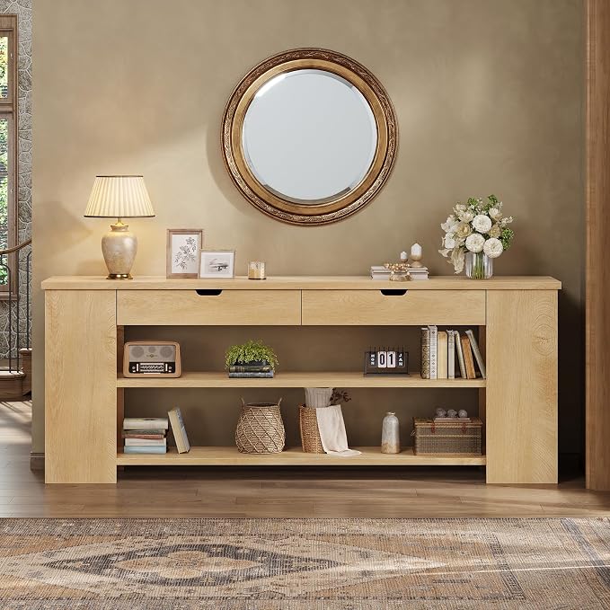 71.8 Inch Extra Long Console Table with Drawers, Farmhouse Long Console Table with Shelves & Built-in Outlets, Entryway Table with Storage for Living Room, Entryway, Natural