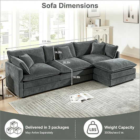 111.5" Modular Sectional Sofa, Large L Shaped Sectionals Cloud Couch, Big Comfy 3-Seat Couch with Ottoman, 4 Seater Chenille Sectional Sofa with Deep Seat and 5 Pillows for Living Room- Grey