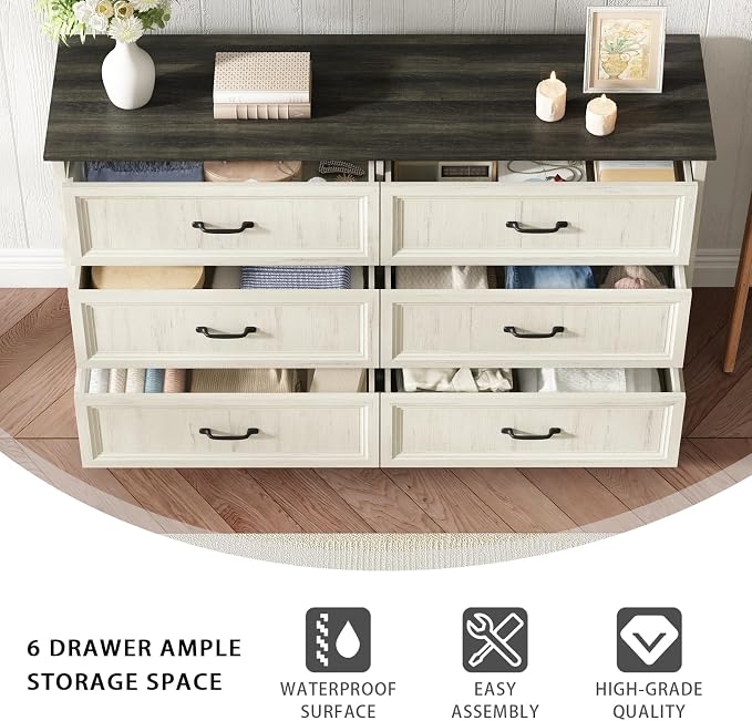 CARPETNAL Farmhouse Dresser and Nightstand Sets for Bedroom, 3 Pcs Bedroom Set, 6 Drawer Dresser & Nightstand Set of 2, Modern Wood Chest of Drawers for Bedroom, Living Room, Entryway, White