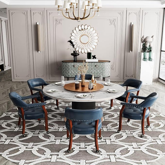 LEEMTORIG Set of 6 Dining Chairs with Casters and Arms, Large Rolling Dining Chairs with Wheels, Accent Poker Table Chairs, Solid Wood Boss Caption's Office Chairs, Cherry Legs & Blue SY-1533-LB