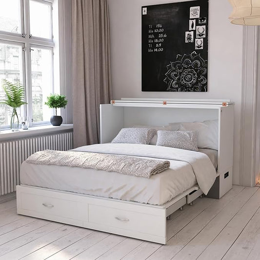 AFI Hamilton Queen Murphy Bed Chest with Mattress, Storage, and Built-in Charger in White