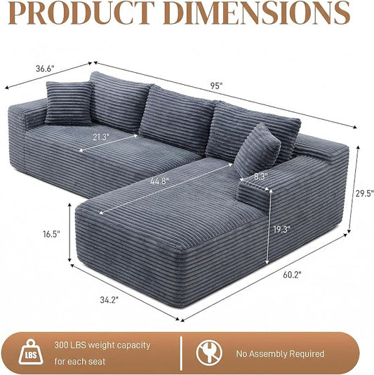 95" L Shaped Cloud Boneless Sectional Couches for Living Room, Modern Comfy Modular Deep Seat Memory Foam Compressed Corduroy Sofa Oversized Right Facing Chaise, No Assembly Required, Grey