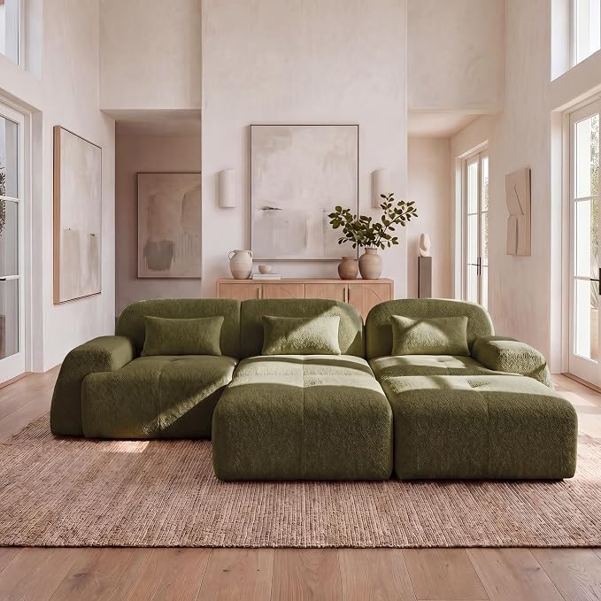 118'' Modular Sectional Cloud Couch Boneless Couches, Oversize Curved Sectional Couches for Living Room, Deep Seat Couch Lambswool Sofa with Ottoman & Throw Pillows, No Assembly, HR Foam