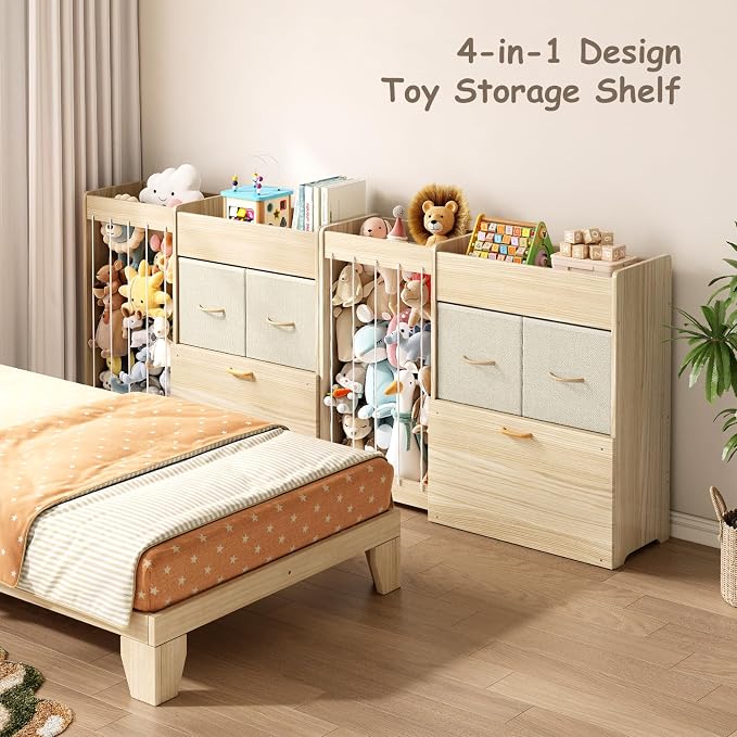 EXPERLAM Toy Storage Organizer with Stuffed Animal Holder, Solid Wood Kids Toy Shelf with 2 Drawers, Rolling Toy Chest and Top Rack, Plush Toy Storage for Bedroom, Playroom, Nursery