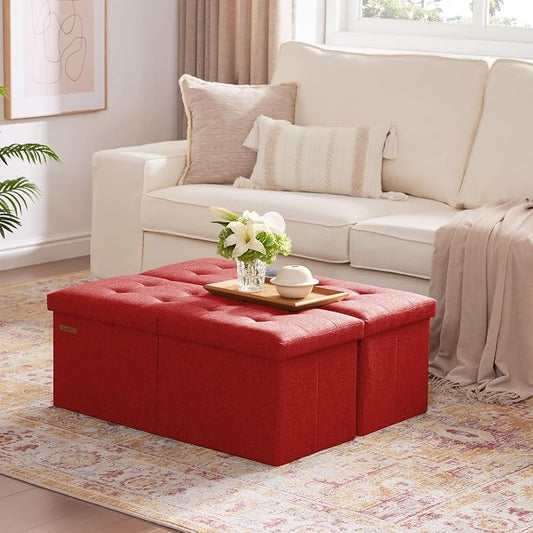 HAUSFRAU 31.5 Inches Ottoman with Storage Bench, Folding Ottoman Bench Small Foot Rest Stool, Bedroom Bench with Flipping Lid, Linen Red