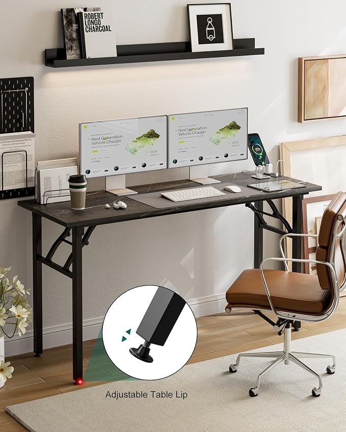 Frylr Small Folding Computer Desk β 55.1 Inch Portable Table for Craft and Study, Lightweight Desk for Small Spaces, Foldable Laptop Table Built-in AC/USB Outlets for Convenience, Marble Greige