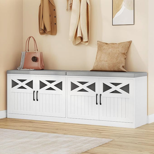 Hzuaneri 2 Tier Shoe Storage Bench with Doors, 59" Farmhouse Shoe Bench with Padded Cushion, 12-16 Pairs of Bed End Bench, Entryway Bench with Storage for Bedroom, Living Room, White SB61503X