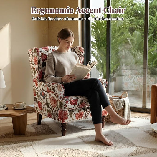 EROMMY Floral Accent Chair, Comfortable High Back Upholstered Armchair with Solid Wood Legs, Leisure Single Sofa Chair for Living Room, Bedroom, Home Office, Red Floral