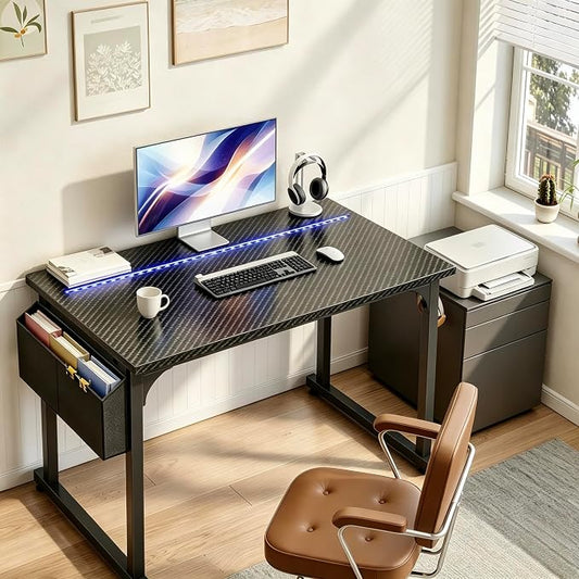 DurayLoly 40" Gaming Desk with Waterproof LED Lights, Carbon Fiber Desktop for Small Spaces | Home Office Study Computer Desk with Storage Bag & Headphone Hook, Black