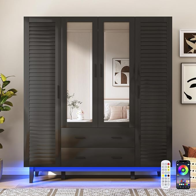 jiteentarou 4 Door Armoire Wardrobe Closet Cabinet with Drawers and LED Lights, Multi-Tier Shelves, Hanging Rod & Louver Doors, Large Capacity Storage Wardrobe Armoire for Bedroom(4 Doors Black)