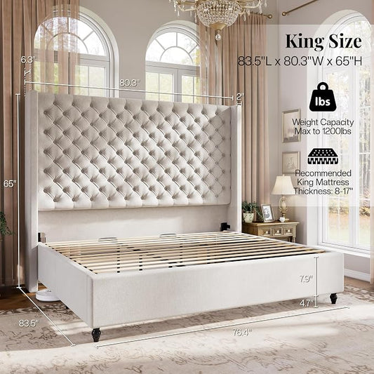 Jocisland King Size Bed Frame with 65" Tall Headboard, Upholstered Wingback Platform Design, Handcrafted Pleats & Deep Button Tufted, Solid Wood Legs, No Box Spring Needed, Ash White