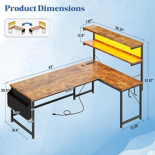 DurayLoly 53'' L Shaped Desk Gaming Desk with LED Light & 5 Power Outlet, Reversible Computer Desk with Shelves & Storage Bag & Hook for Home Office, Rustic Brown