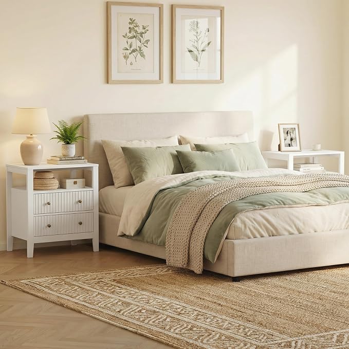 RoyalCraft White Nightstand Set of 2, Fluted Night Stand with Charging Station, Modern Bedside Table with 2 Drawers and Open Shelf, Wood End Table for Bedroom, Hallway