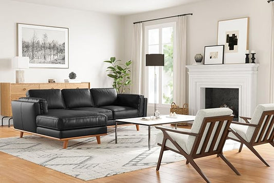 Valencia Artisan Full Leather Sofa - Left Chaise Sectional Couch - Pure Full Italian Nappa Leather Couch, Solid Wood Accent and Ultimate Comfort, Black