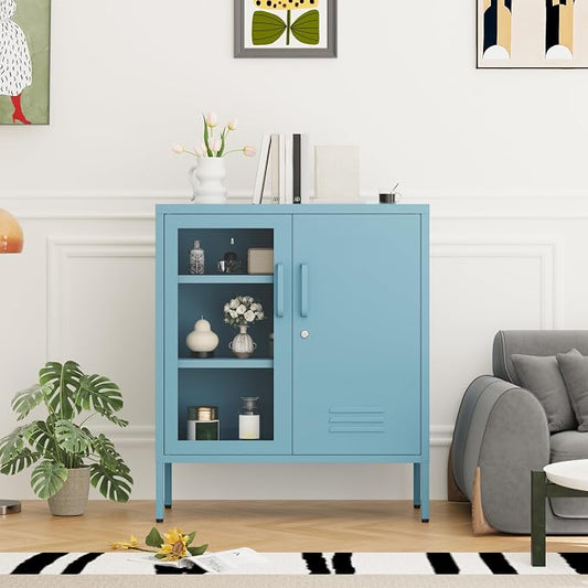 Metal Cabinet Metal Bathroom Storage Cabinet Metal Storage Cabinets with Glass Door and Adjustable Shelves Cabinet Storage for Coffee Bar for Homes, Living Rooms and Offices Blue 33''H